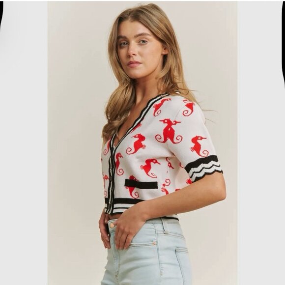 Women Crop Cardigan Size L Cute Red Seahorses Short Sleeves V-Neck Buttons Front - Picture 5 of 10